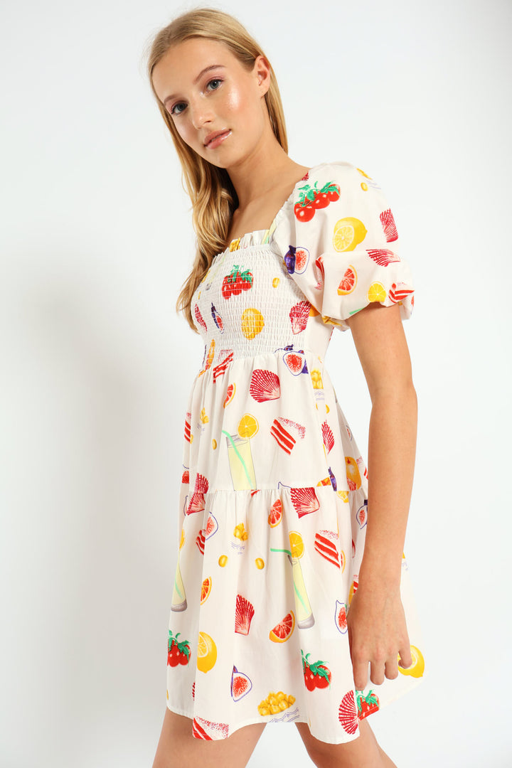 Fruity Puff Sleeve Mini Dress - White