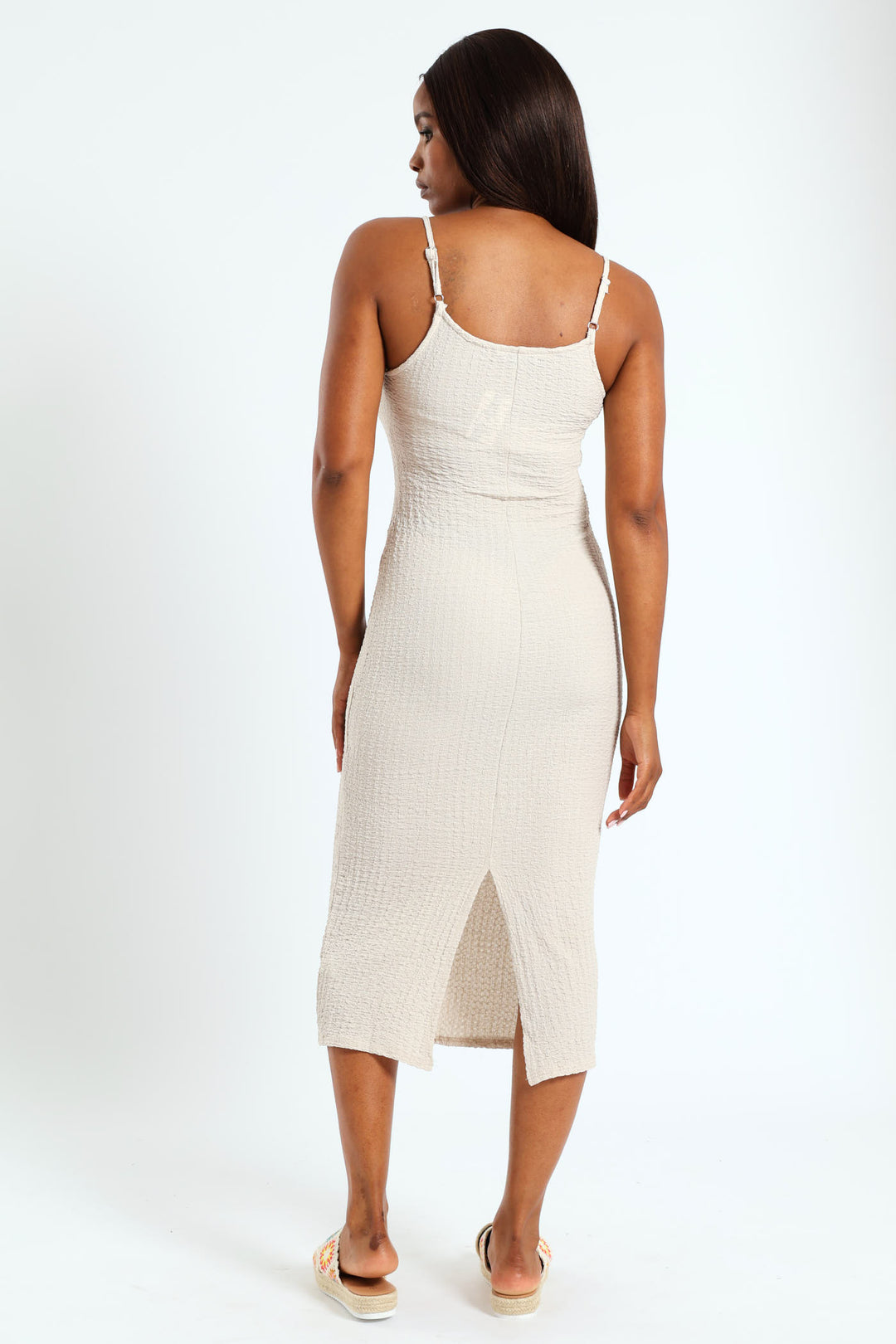 Strappy Textured Printed Midi Slip Dress - Stone