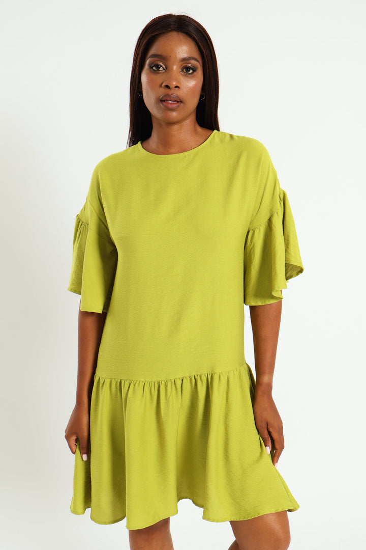 Drop Waist Hammered Mini Dress - Chartreuse