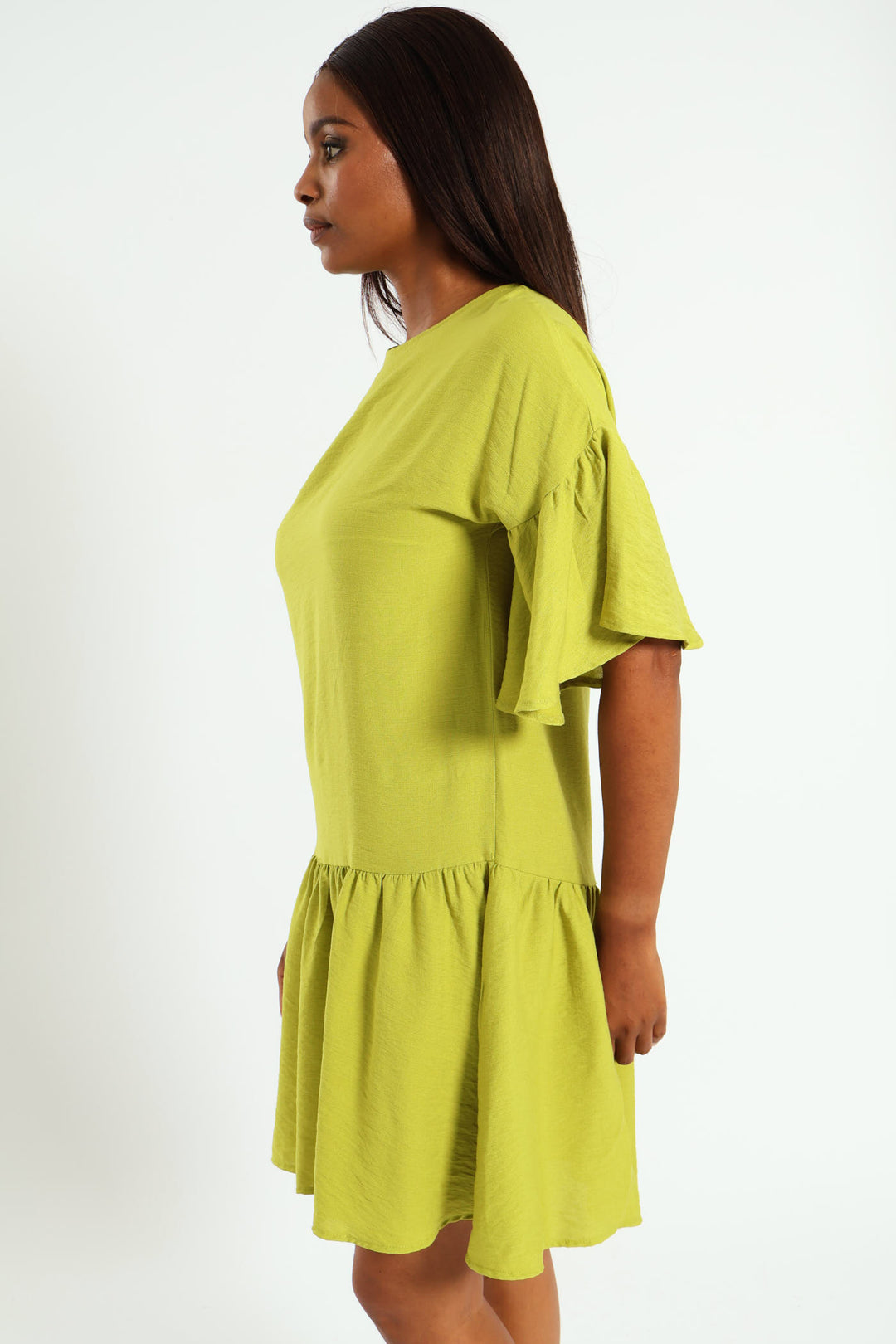 Drop Waist Hammered Mini Dress - Chartreuse