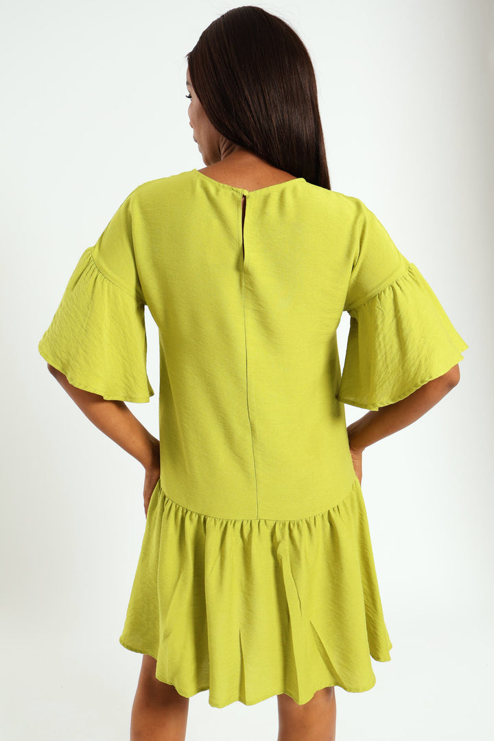 Drop Waist Hammered Mini Dress - Chartreuse