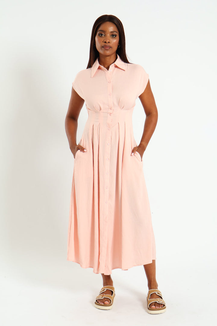 Button Through Pleated Bodice Midaxi Dress - Light Pink