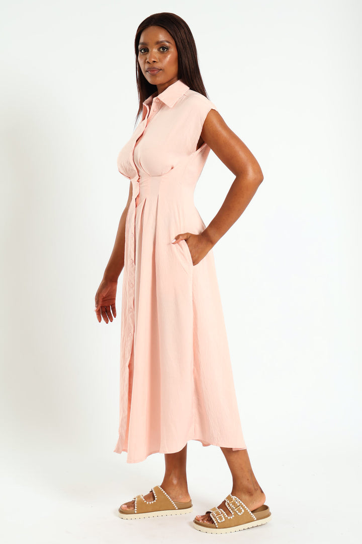 Button Through Pleated Bodice Midaxi Dress - Light Pink