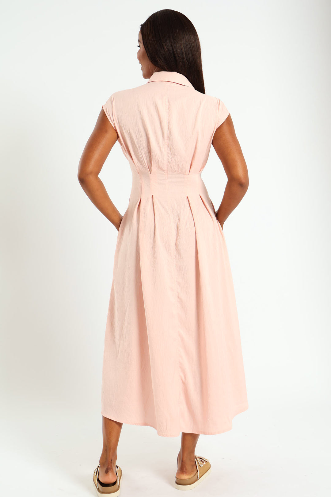 Button Through Pleated Bodice Midaxi Dress - Light Pink