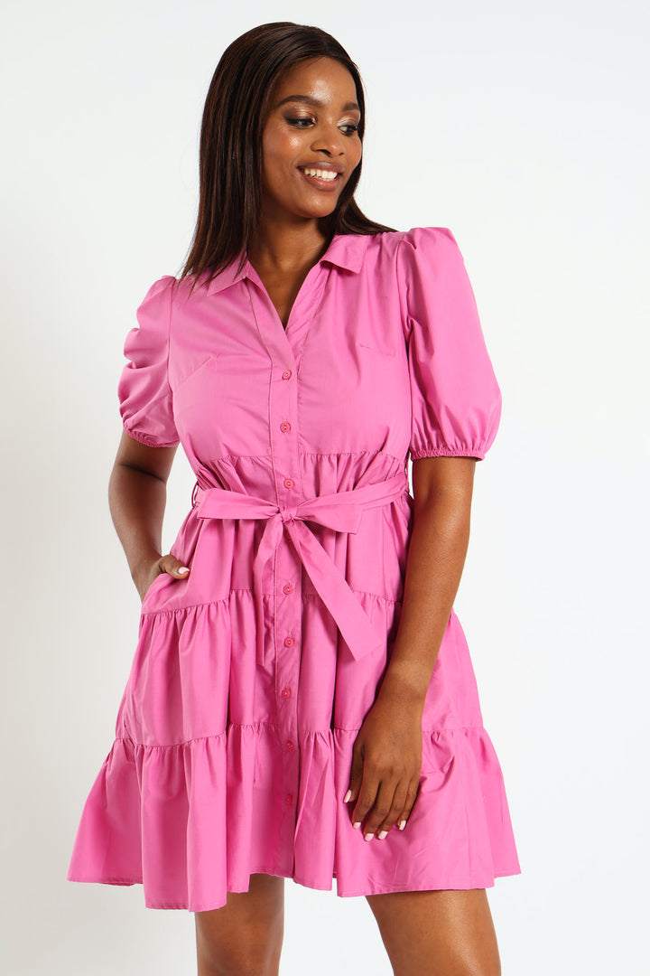 Tiered Collared Belted Shirt Dress - Cerise