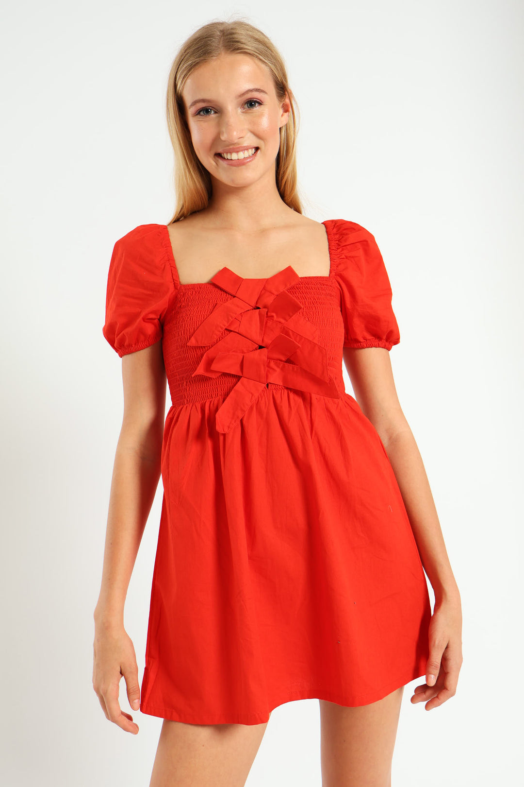 Bow Smock Mini Dress - Tangerine