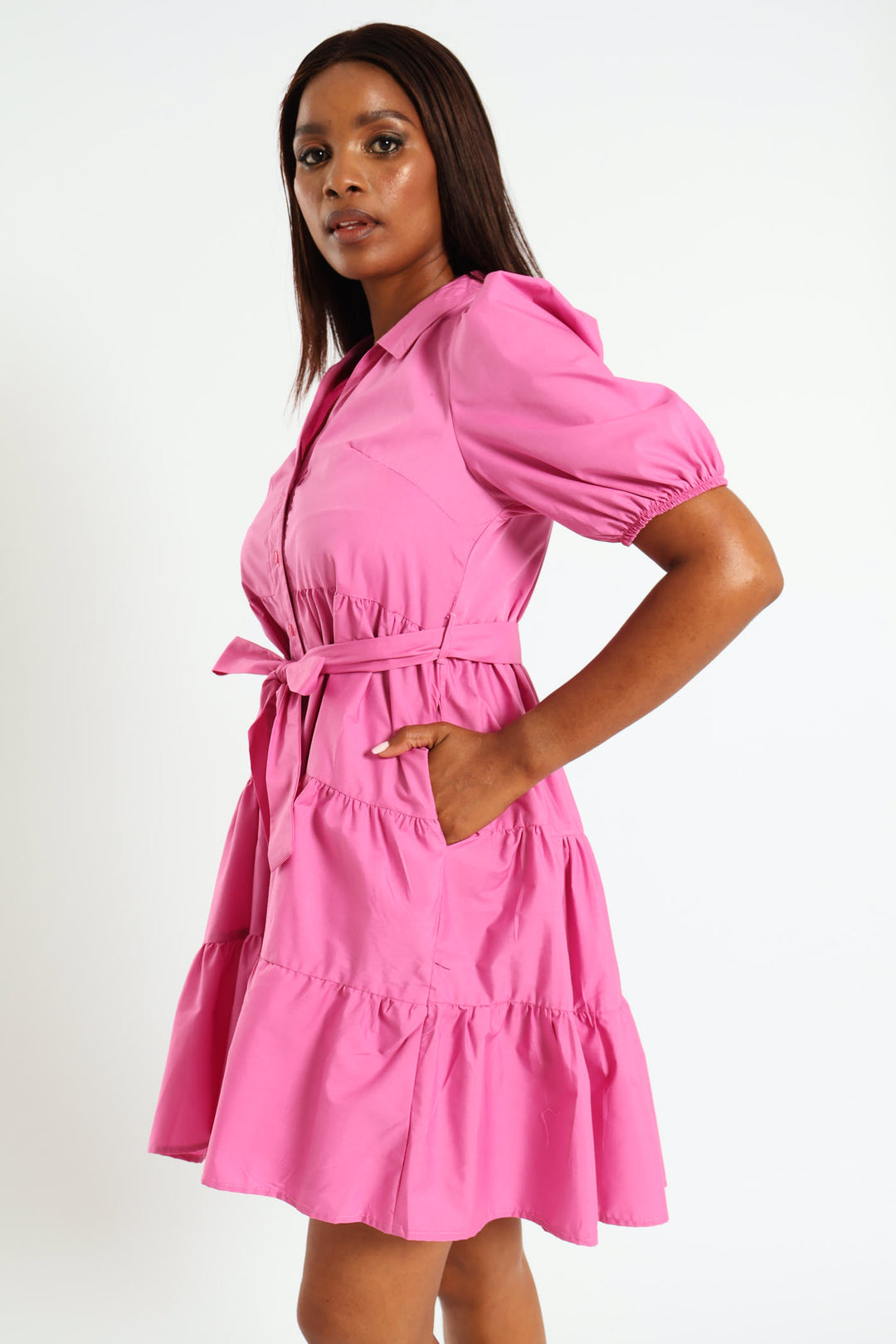 Tiered Collared Belted Shirt Dress - Cerise