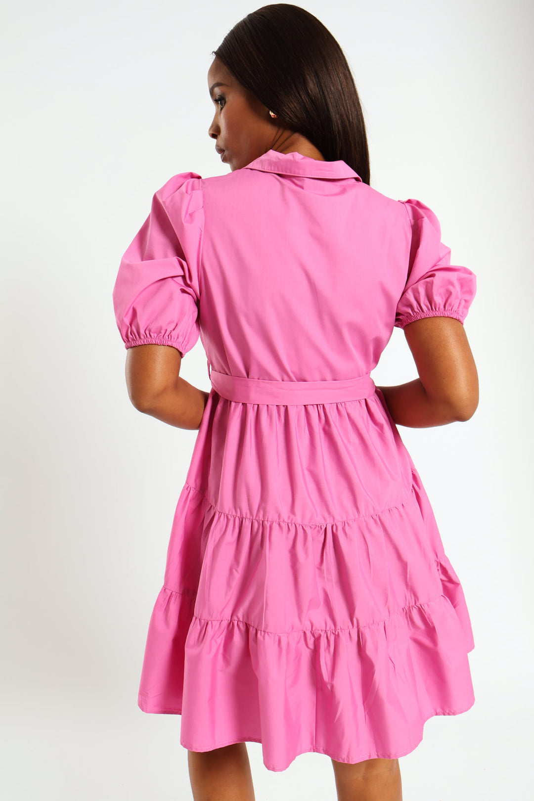 Tiered Collared Belted Shirt Dress - Cerise