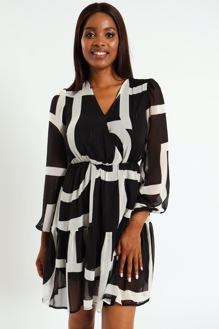 Wrap Waisted Tiered Tea Dress - Black/Cream