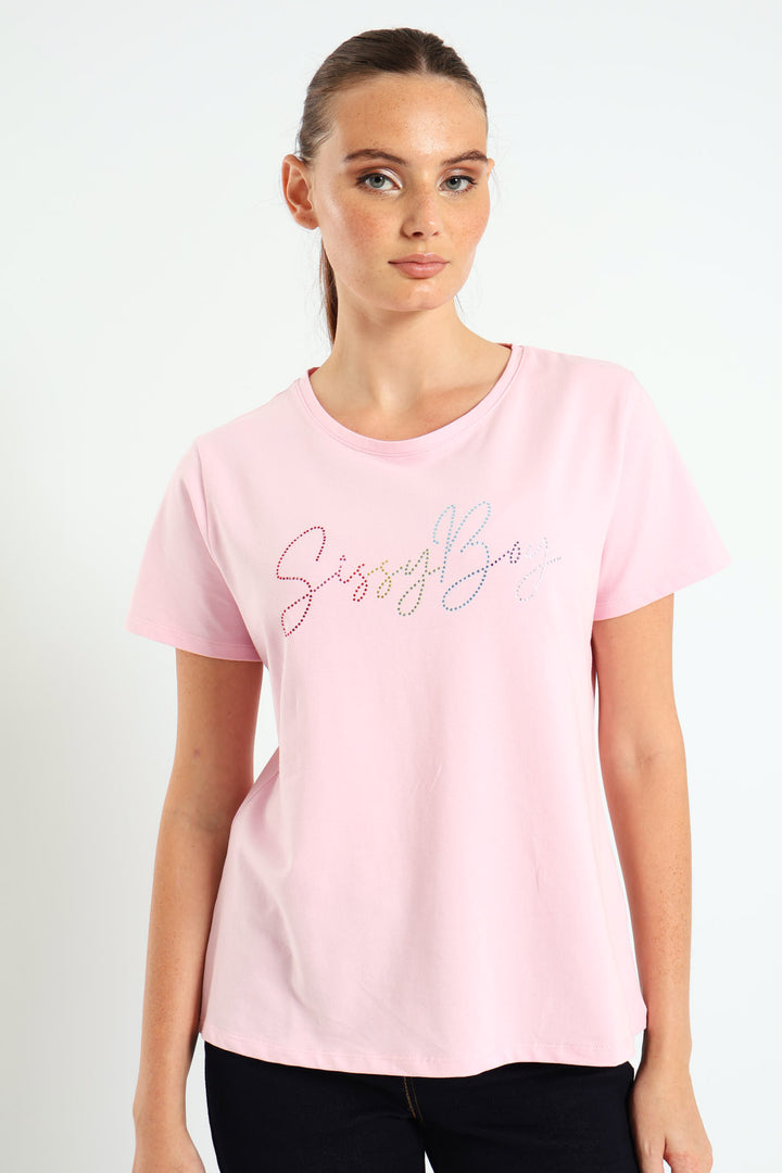 Bling Logo Crew Neck Top - Light Pink