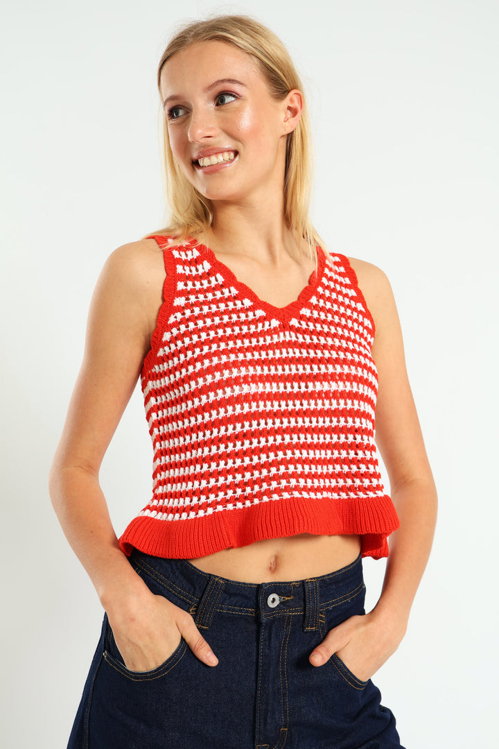 Two Tone Frill Knit Top - Tangerine