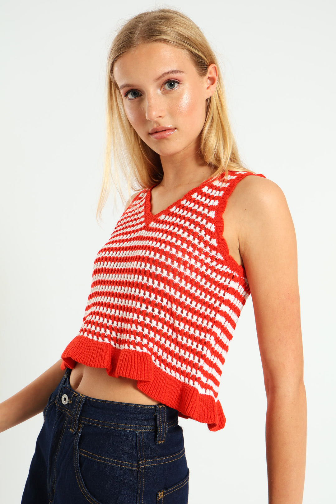 Two Tone Frill Knit Top - Tangerine