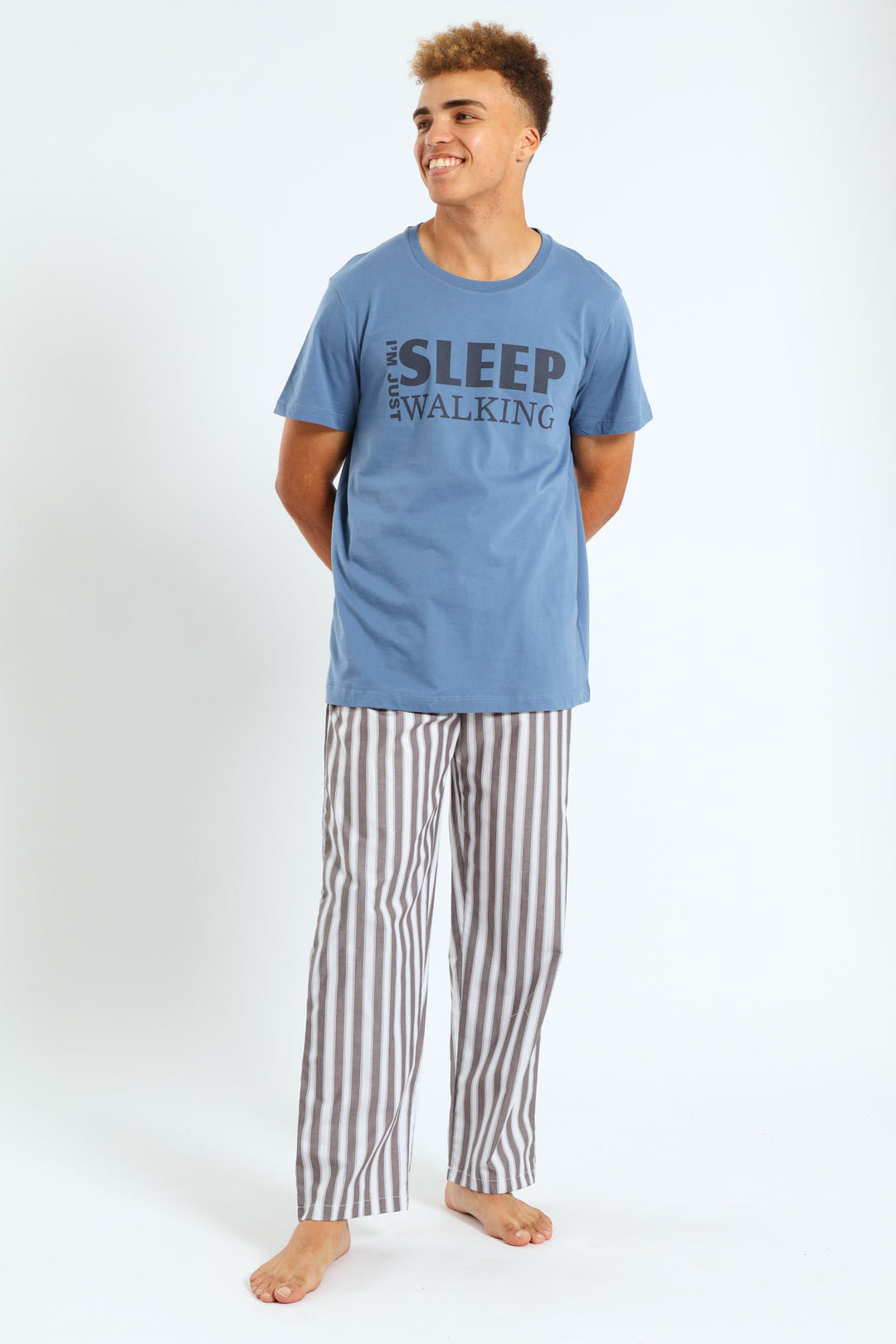 Long Woven White Stripe Sleep Pants - Grey