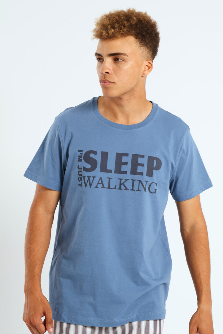 "Sleep Walking" Print Sleep Tee - Mid Blue