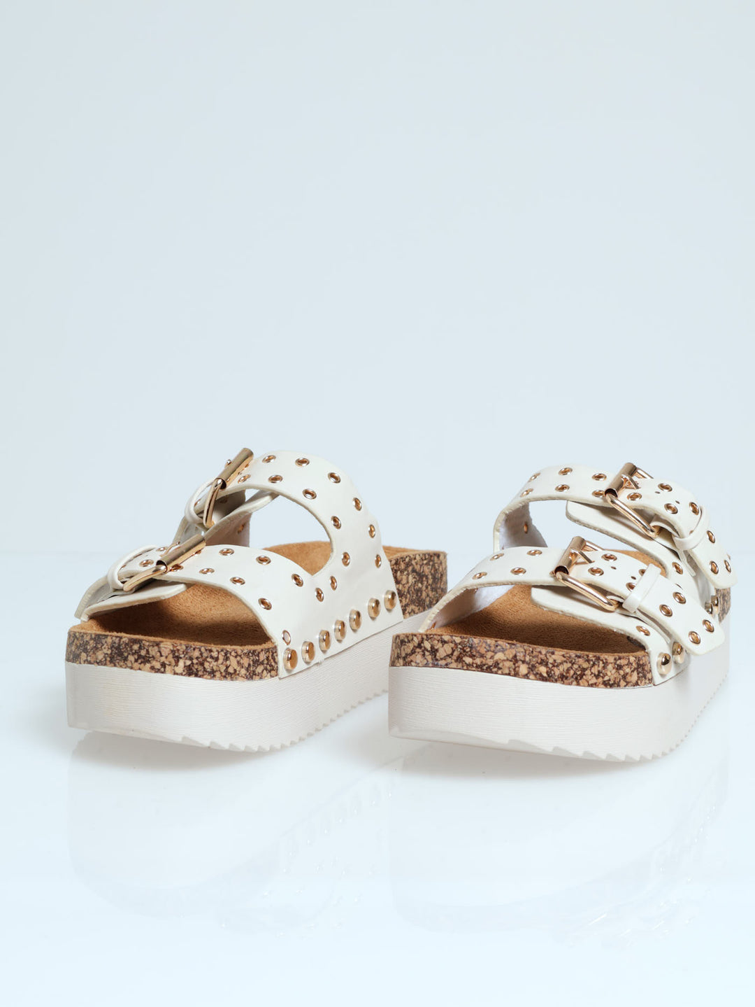 Chunky Slide Studded Mule Sandal with buckle & Eyelets - Off White