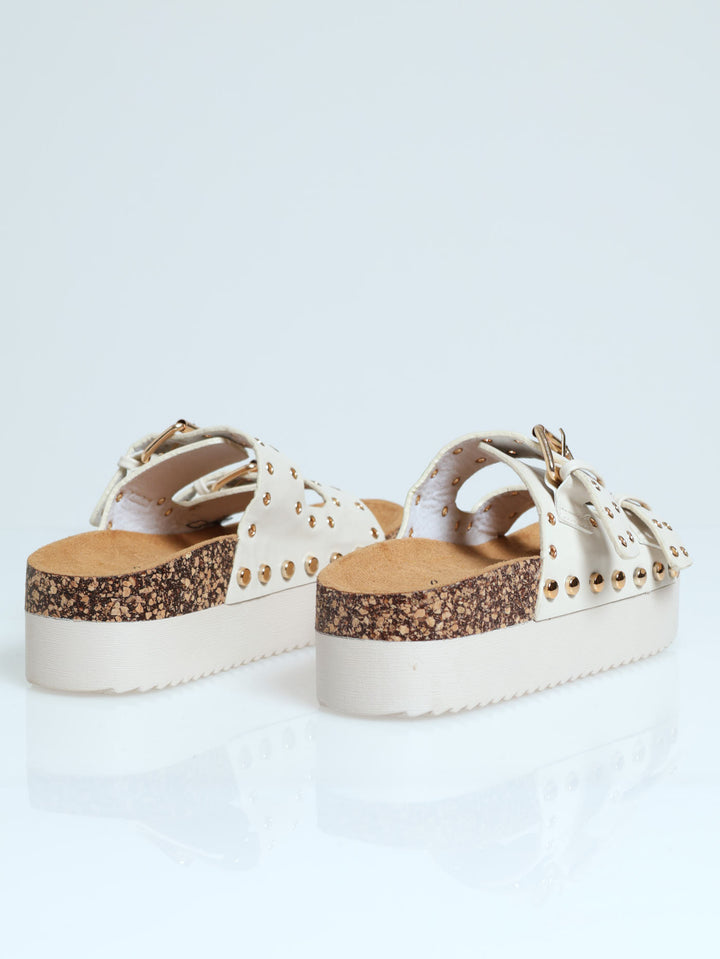 Chunky Slide Studded Mule Sandal with buckle & Eyelets - Off White