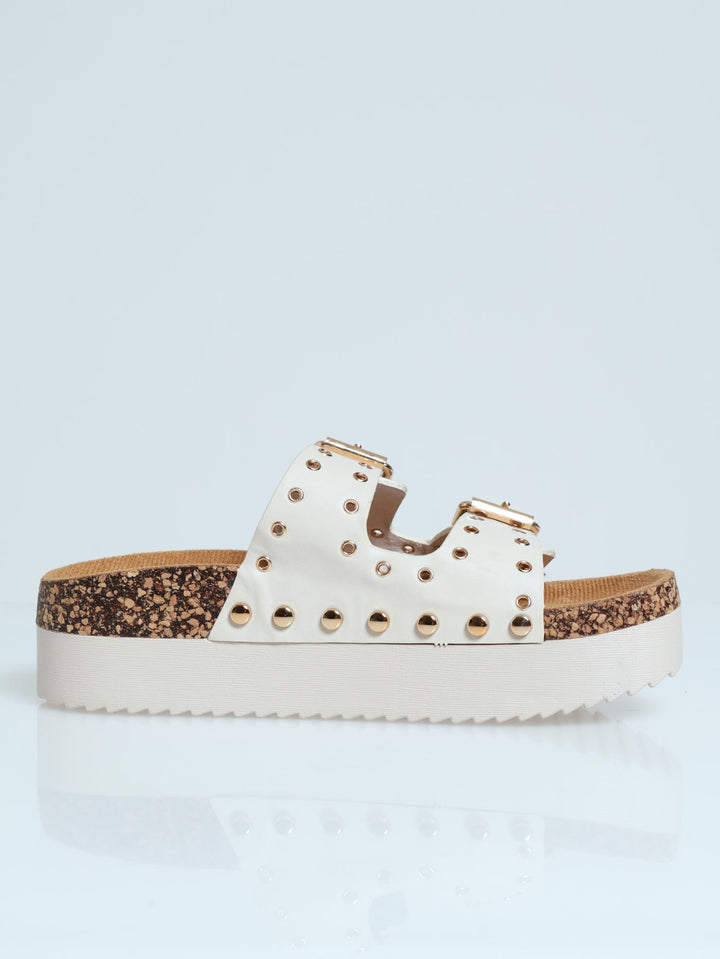 Chunky Slide Studded Mule Sandal with buckle & Eyelets - Off White