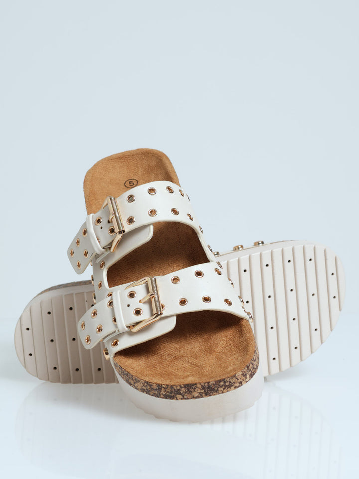 Chunky Slide Studded Mule Sandal with buckle & Eyelets - Off White