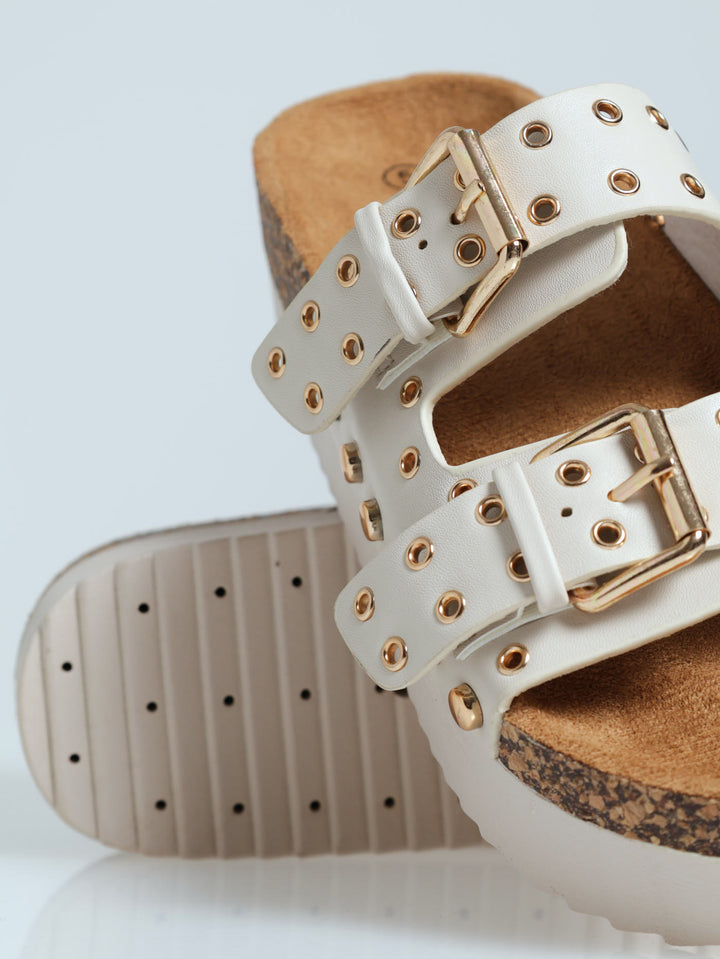 Chunky Slide Studded Mule Sandal with buckle & Eyelets - Off White