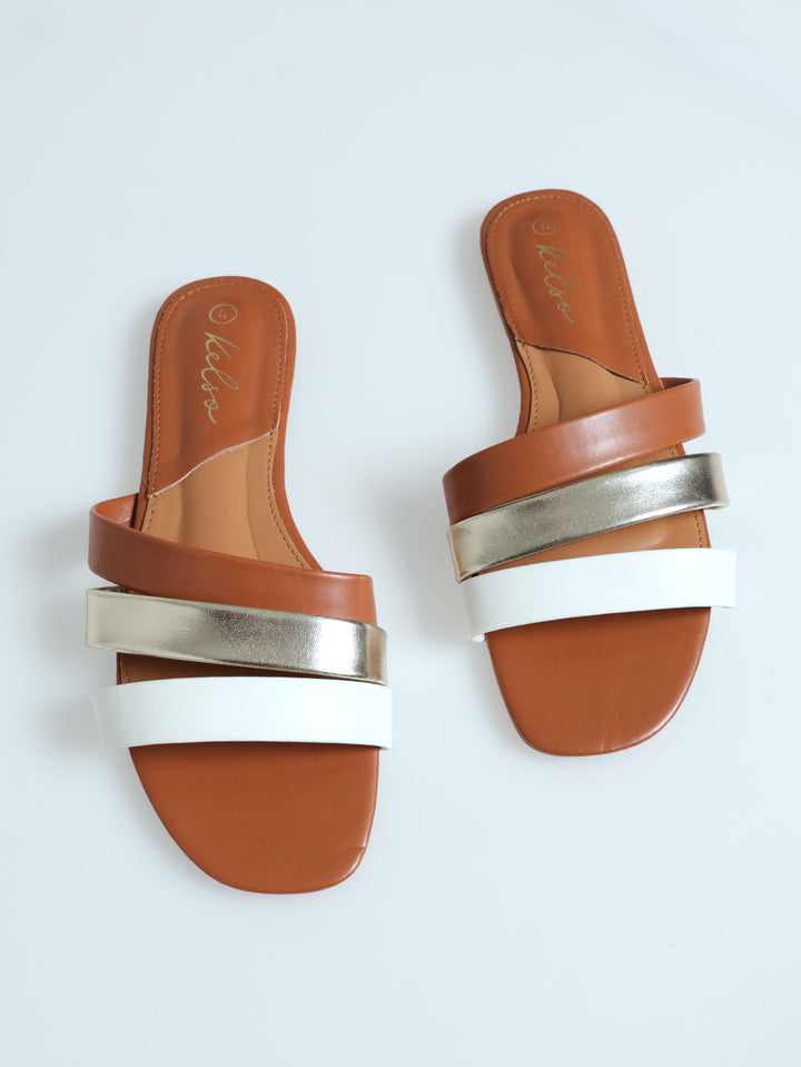 Diagonal Triple Strap Mule - Sandal - Tan