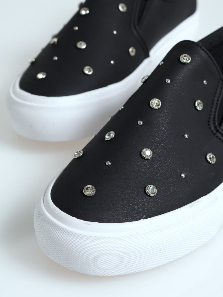 Diamante & Stud Trim Slip On Sneaker - Black