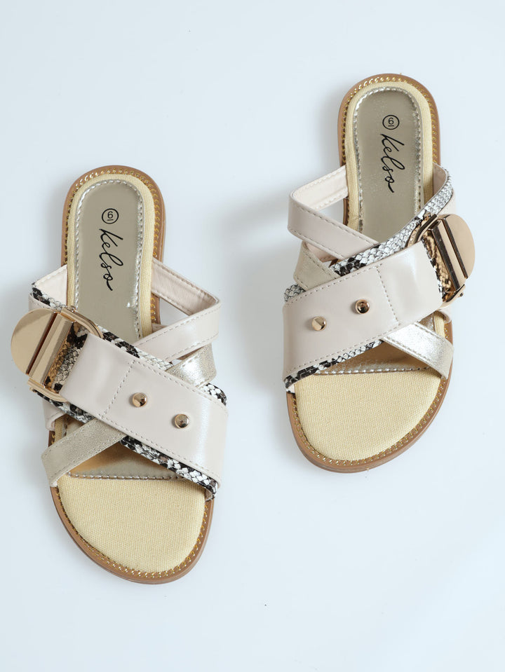 Buckle Studded Snake Skin Mule Sandal - Cream