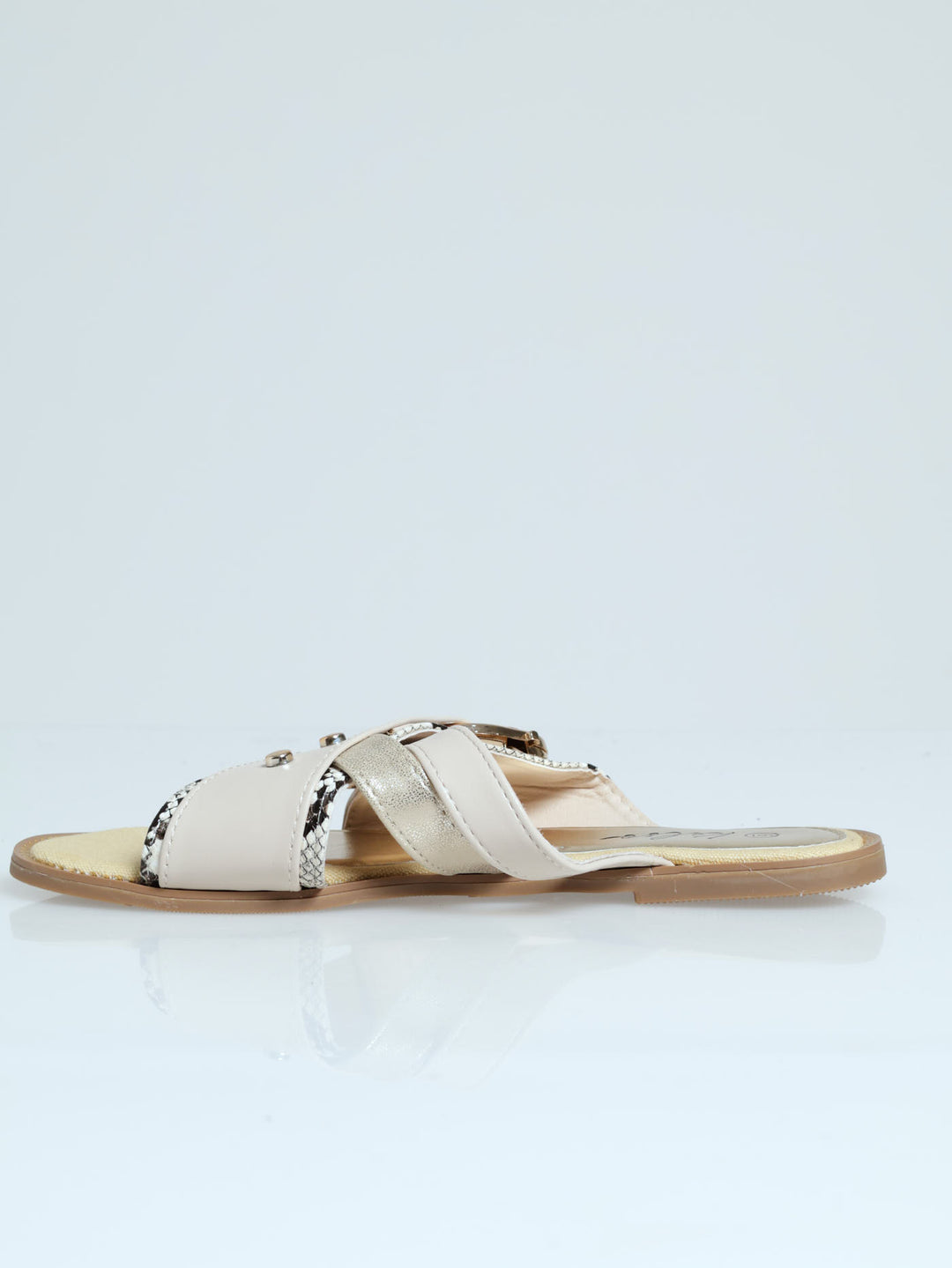 Buckle Studded Snake Skin Mule Sandal - Cream