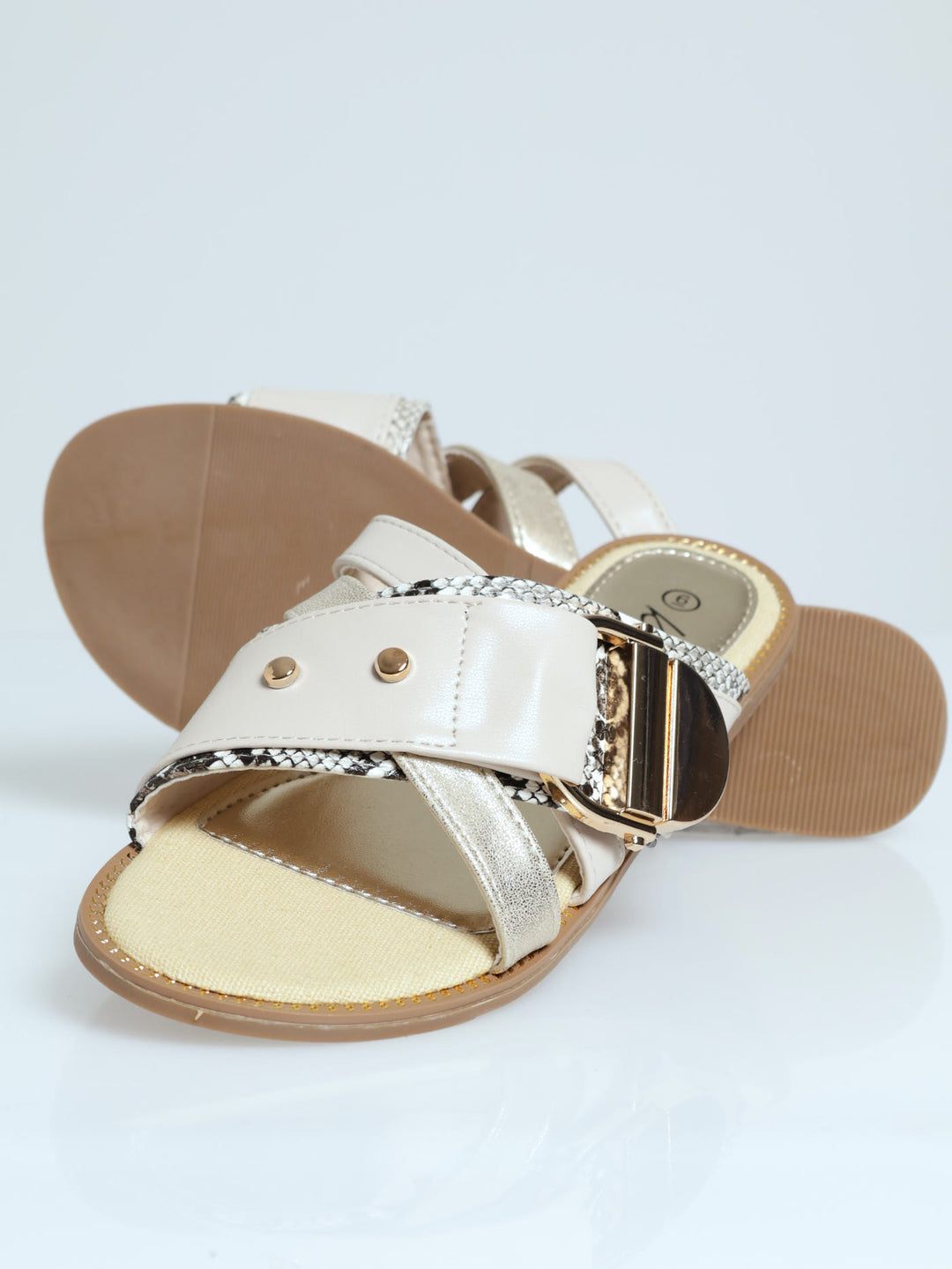 Buckle Studded Snake Skin Mule Sandal - Cream