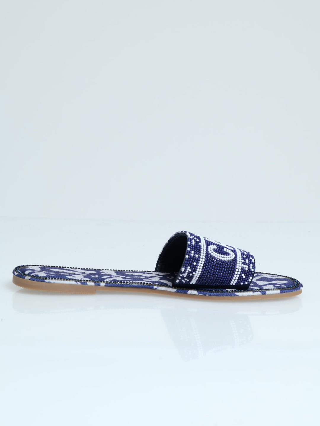 Patterned Insock Detail Beaded Mule Sandal - Navy/White