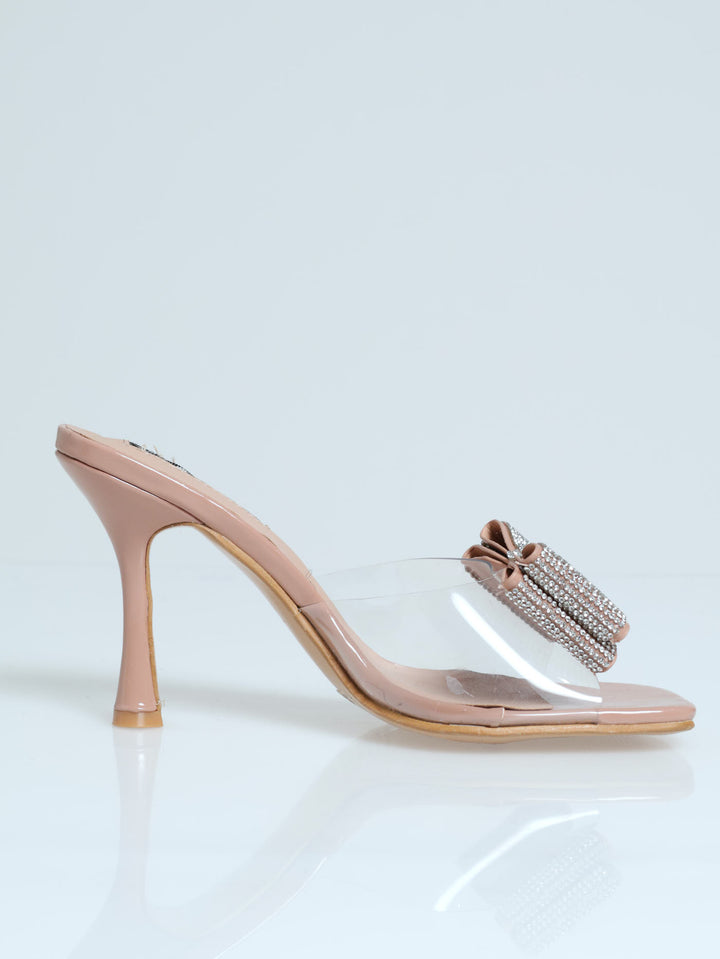 Vinyl With Diamante Bow Sandal On Shaped Heel - Natural