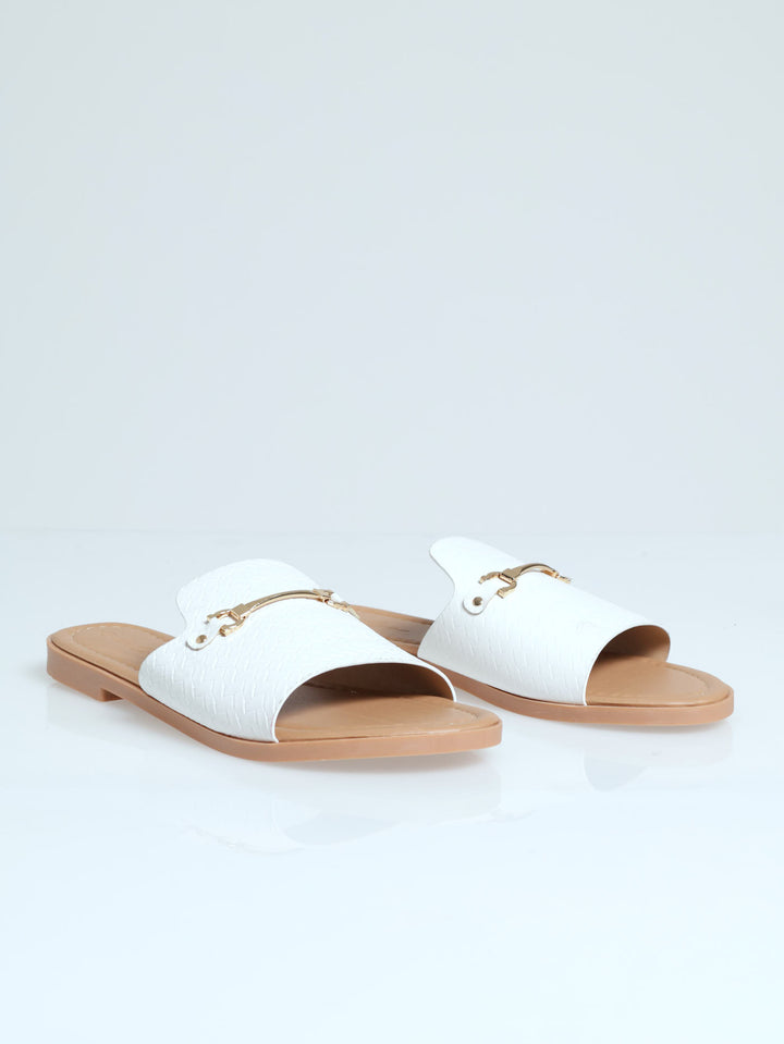 One Band Mule Sandal With Metal Bar Trim - Off White