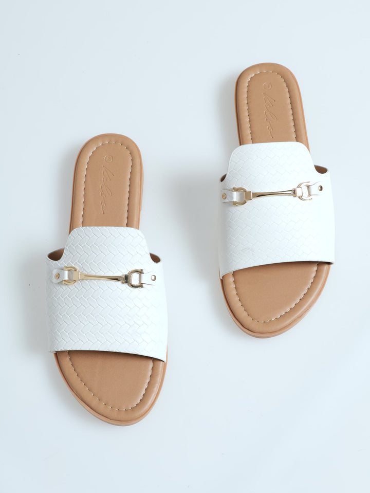 One Band Mule Sandal With Metal Bar Trim - Off White