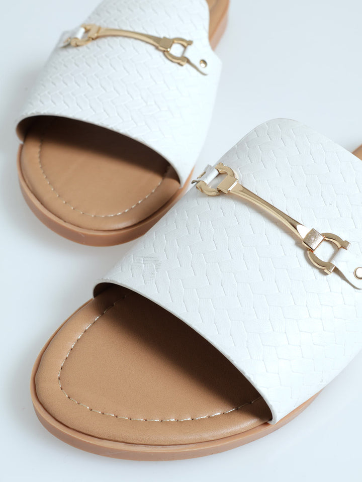 One Band Mule Sandal With Metal Bar Trim - Off White