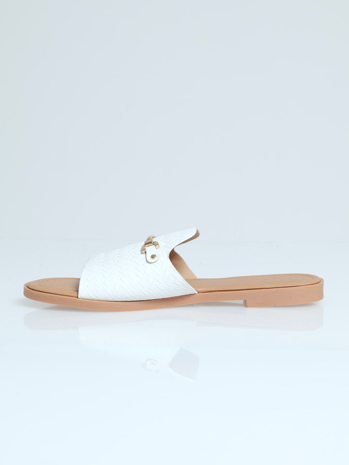 One Band Mule Sandal With Metal Bar Trim - Off White