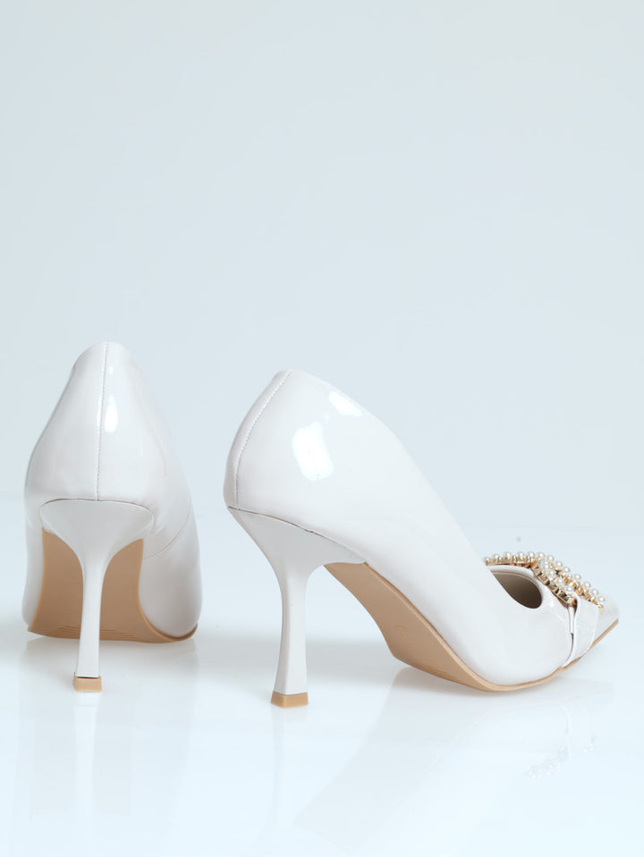 Tapered Metal Trim Court Heel - Off White