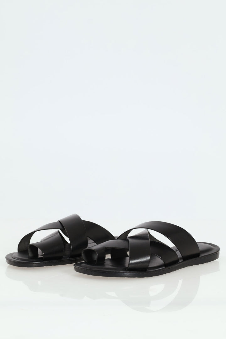 Leather Toe Piece Sandal - Black