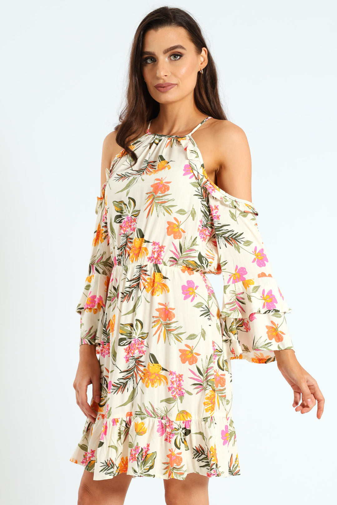 3/4 Sleeve Cold-Shoulder Frilly Hem Mini Dress