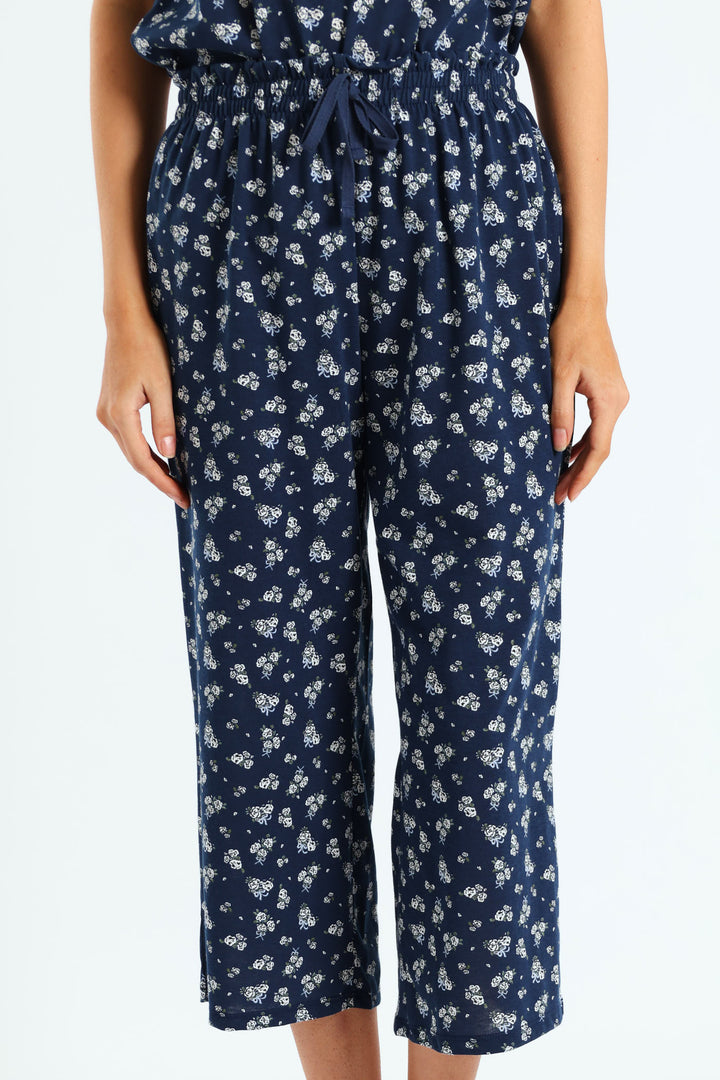 Capri White Roses Pj Pants - Navy