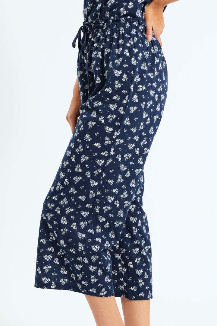 Capri White Roses Pj Pants - Navy