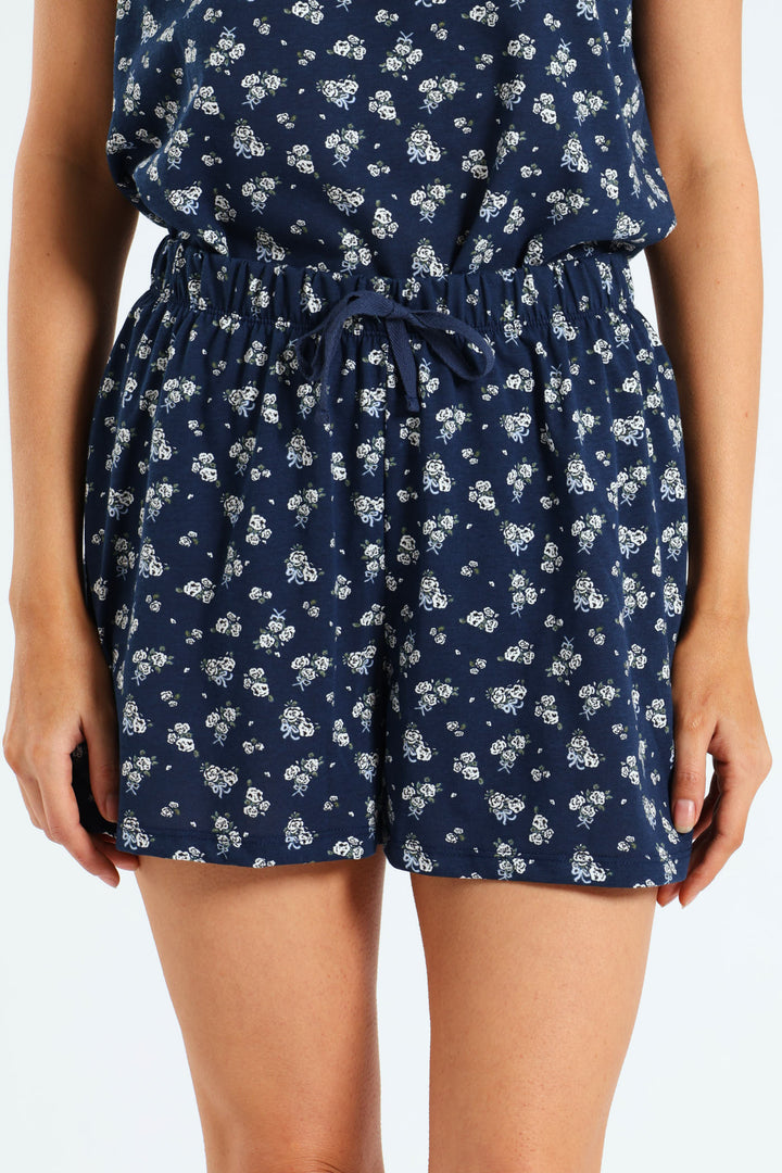 White Roses Pj Knit Short - Navy