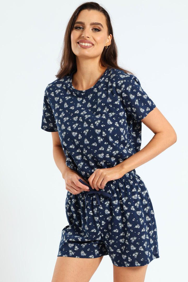 White Roses Pj Knit Short - Navy