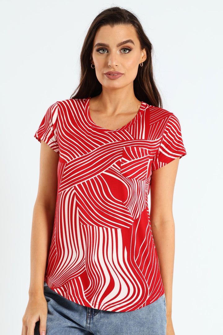 Abstract Swirl Print Pocket Tee - White/Red