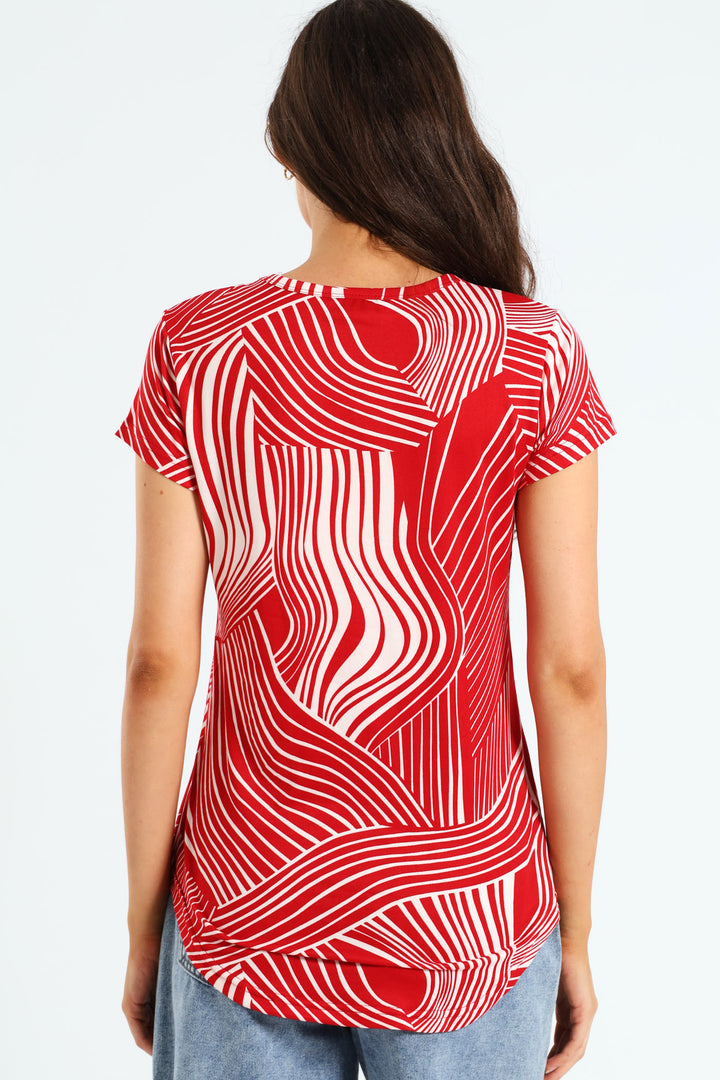 Abstract Swirl Print Pocket Tee - White/Red