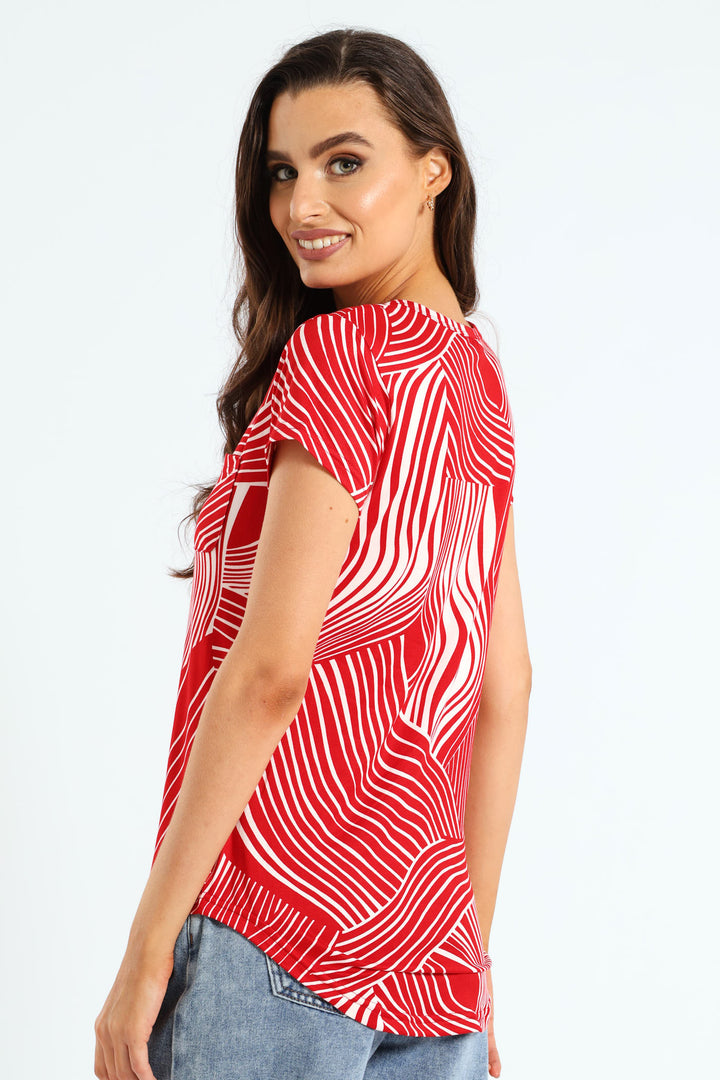 Abstract Swirl Print Pocket Tee - White/Red