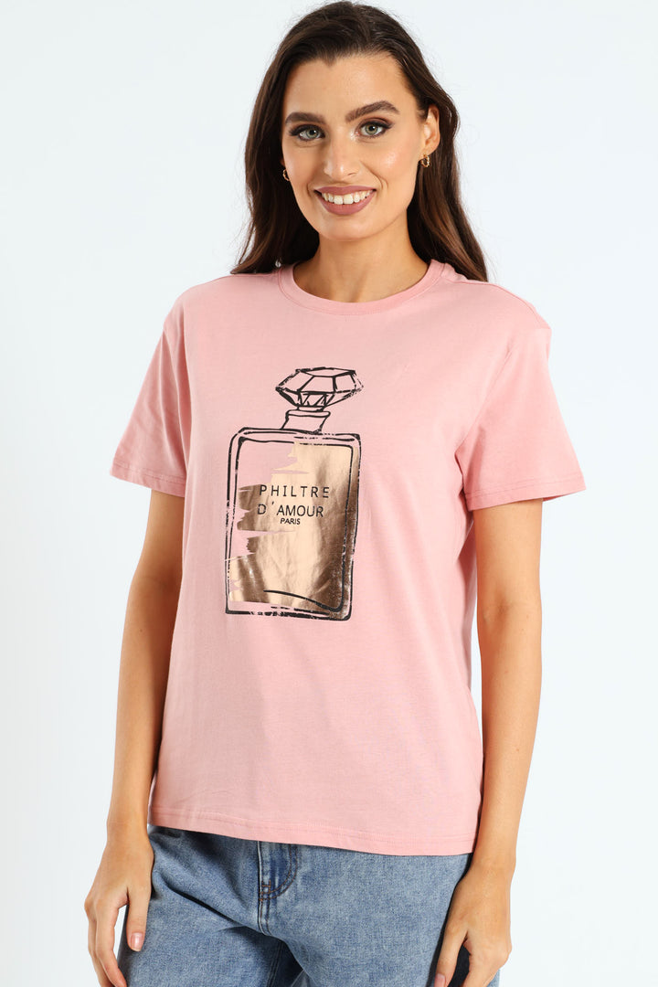 Perfume Bottle Foil Tee - Dusty Pink