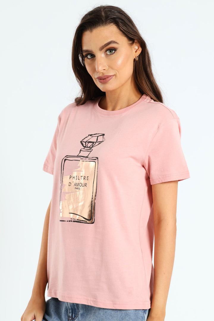 Perfume Bottle Foil Tee - Dusty Pink