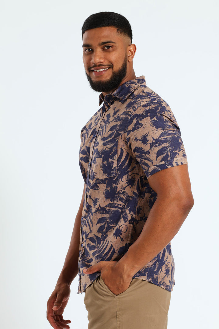 Floral Short Sleeve Shirt - Stone/Blue