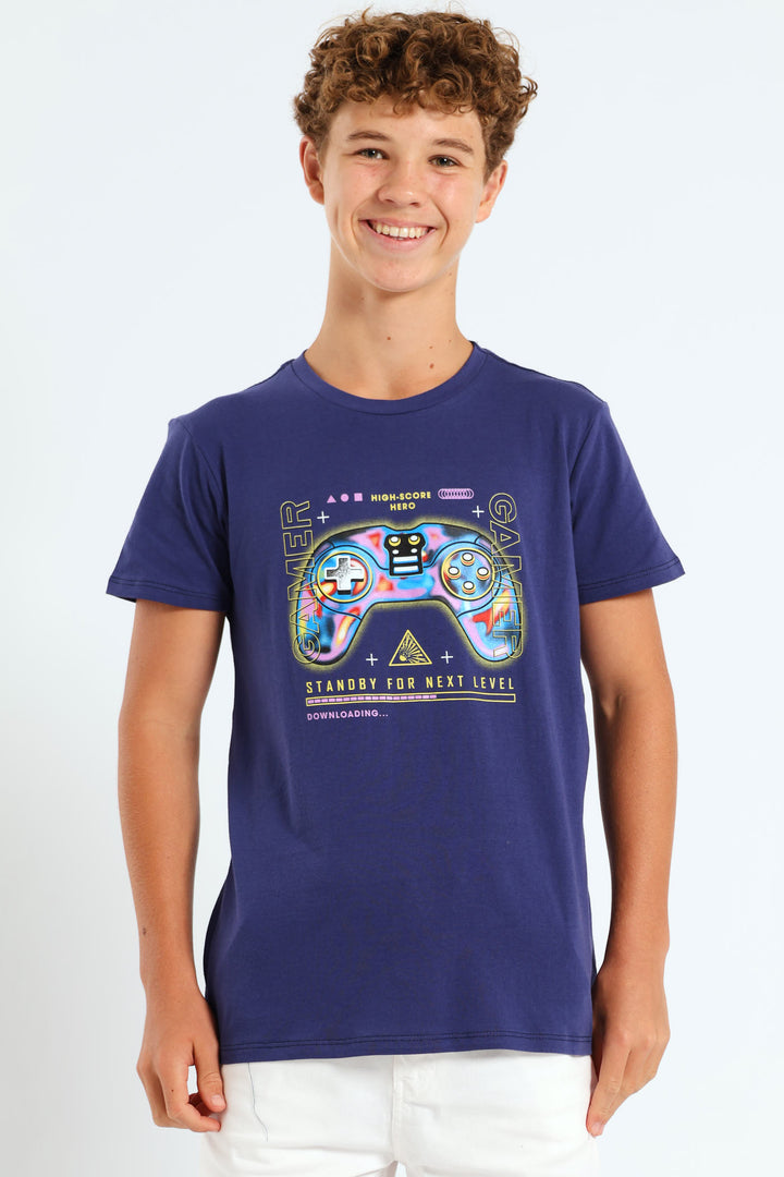 Boys Gamer Print Tee - Navy