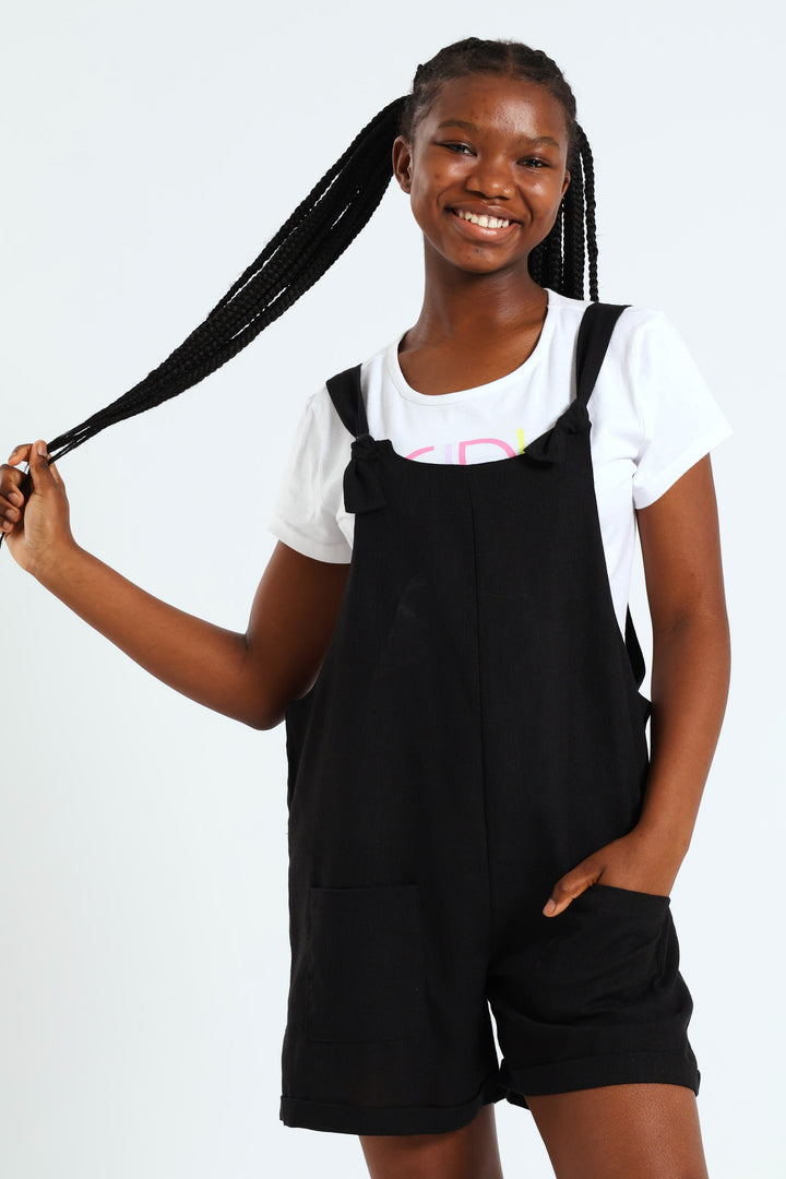 Girls Linen Dungaree - Black