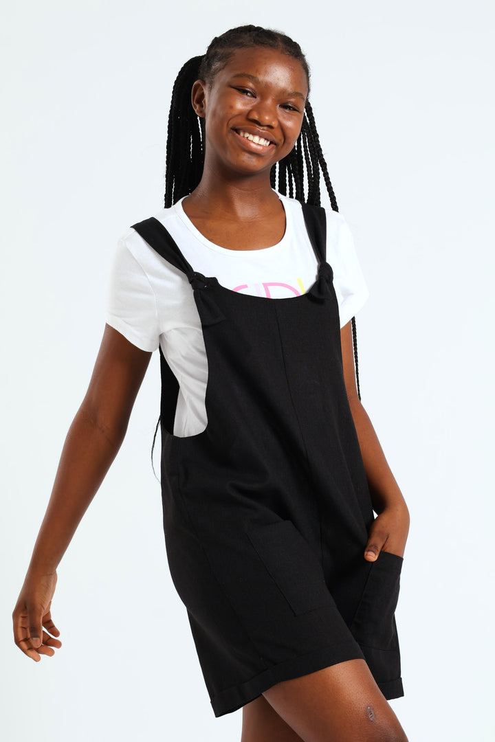 Girls Linen Dungaree - Black